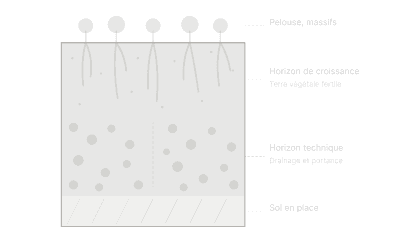 Profil type d'un sol de parc et jardin : horizon de croissance au-dessus d'un horizon technique, posés sur le sol en place